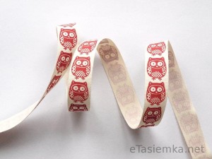 Tasiemka bawełniana - czerwone sowy (15 mm)